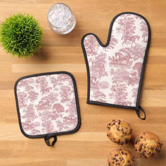 Elegante Rustikale Pferde Rosa Weiße Bahn Ofenhandschuh & Topflappen-Set (Oben Unten)