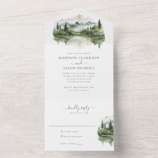 Elegante Rustikale Pine Bergwelt Hochzeit All In One Einladung (Innen Boden)