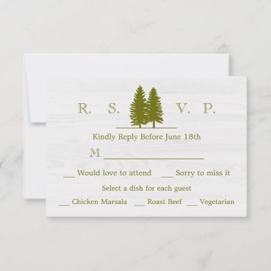 Elegante rustikale Pinienbäume auf weißem Holzbode RSVP Karte (Vorderseite)