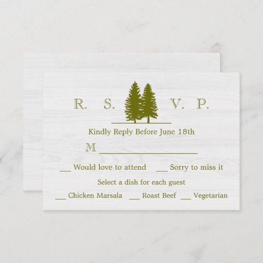 Elegante rustikale Pinienbäume auf weißem Holzbode RSVP Karte (Vorne/Hinten)
