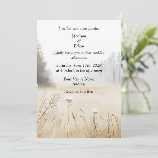 Elegante Rustikale Pinienbäume Hochzeit Einladung (Stehend Vorderseite)