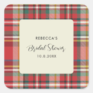 Elegante rustikale Plaid-Schrift Hochzeitsdusche Quadratischer Aufkleber