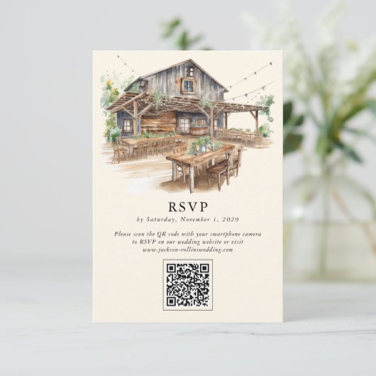Elegante Rustikale QR Code RSVP Karte (Stehend Vorderseite)