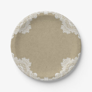 Elegante rustikale Romance White Lace & Kraft Wedd Pappteller