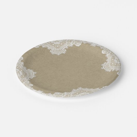 Elegante rustikale Romance White Lace & Kraft Wedd Pappteller (Schrägansicht)
