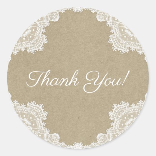 Elegante rustikale Romance White Lace & Kraft Wedd Runder Aufkleber (Vorderseite)