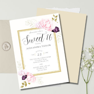 Elegante Rustikale Rose mit Blumenrahmen Gold Swee Einladung