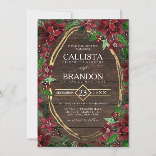 Elegante Rustikale Rote Poinsettia Blumenzange Einladung (Vorderseite)