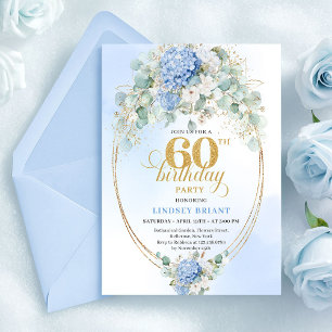 Elegante Rustikale Sanfte Blaue Hortensie 60. Gebu Einladung
