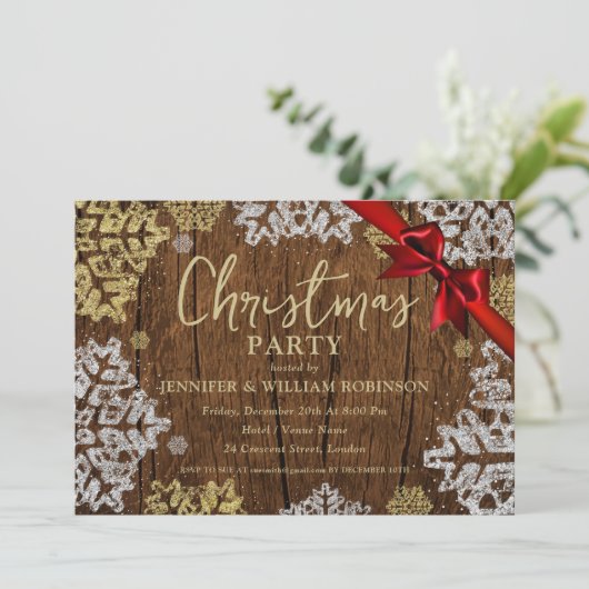 Elegante Rustikale Schneeflocken Weihnachten Weihn Einladung (Stehend Vorderseite)