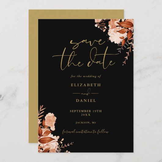 Elegante Rustikale Schwarz-Gold-Hochzeit Save The Date (Vorne/Hinten)