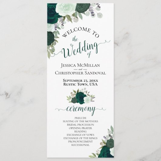 Elegante rustikale Smaragdgrüne Rose Hochzeit Programm (Vorderseite)