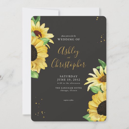 Elegante Rustikale Sonnenblume Black All-in-One Ho Einladung (Vorderseite)