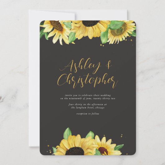 Elegante Rustikale Sonnenblume Black All-in-One Ho Einladung (Vorderseite)