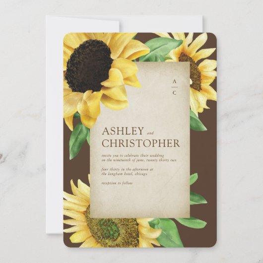 Elegante rustikale Sonnenblume Brown All-in-One Ho Einladung (Vorderseite)