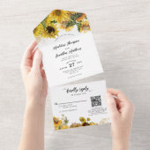 Elegante Rustikale Sonnenblume Gold QR Code Hochze All In One Einladung (Abreißen)
