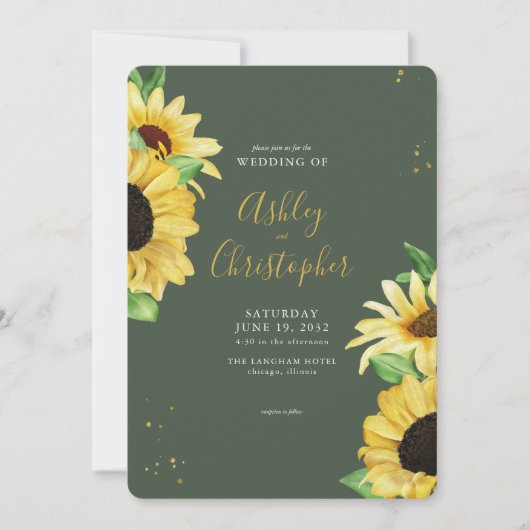 Elegante rustikale Sonnenblume Grün All-in-One Hoc Einladung (Vorderseite)