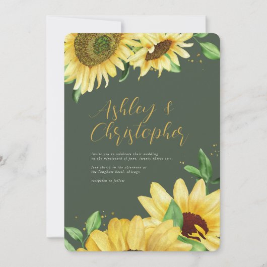 Elegante rustikale Sonnenblume Grün All-in-One Hoc Einladung (Vorderseite)