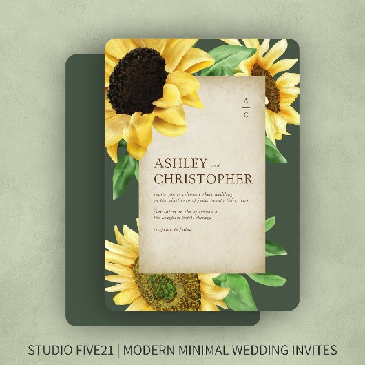 Elegante Rustikale Sonnenblume Grüne Hochzeit Einladung