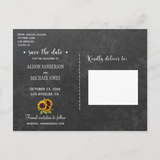 Elegante rustikale Sonnenblumen Foto Hochzeit rett Ankündigungspostkarte (Rückseite)