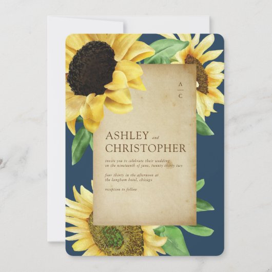 Elegante rustikale Sonnenblumen Navy Blue Wedding Einladung (Vorderseite)