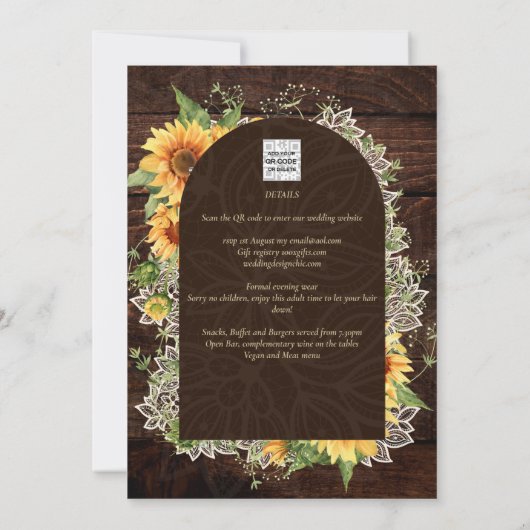 Elegante rustikale Sonnenblumen und Hochzeitsempfa Einladung (Rückseite)