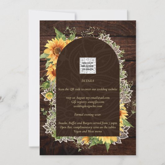Elegante rustikale Sonnenblumen und Hochzeitsempfa Einladung (Rückseite)