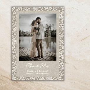 Elegante Rustikale Spitze Foto Beige Landhochzeit  Dankeskarte