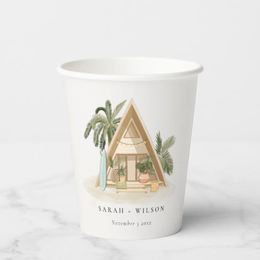 Elegante rustikale Tropical Palm Beach Shack Hochz Pappbecher (Rückseite)