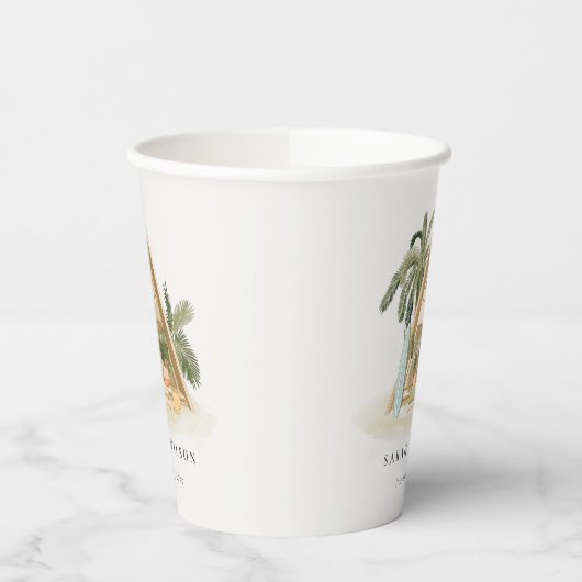 Elegante rustikale Tropical Palm Beach Shack Hochz Pappbecher (Links)