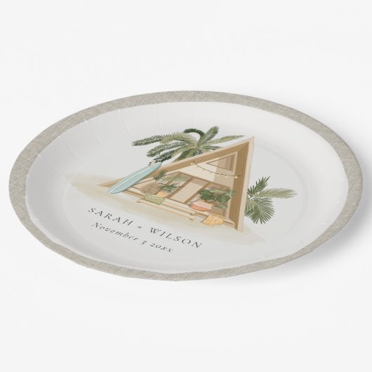 Elegante rustikale Tropical Palm Beach Shack Hochz Pappteller (Schrägansicht)
