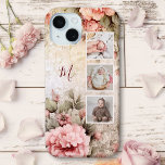 Elegante rustikale Vintage Rose, 3-Foto & Monogram Case-Mate iPhone Hülle<br><div class="desc">Herrliches und elegantes Design mit einer senkrechten,  dreiseitigen quadratischen Vorlage auf einem subtil bedrängten rustikalen Hintergrund von rosa Hütte Rose mit Textfeld für Ihren Namen oder Monogramm.</div>