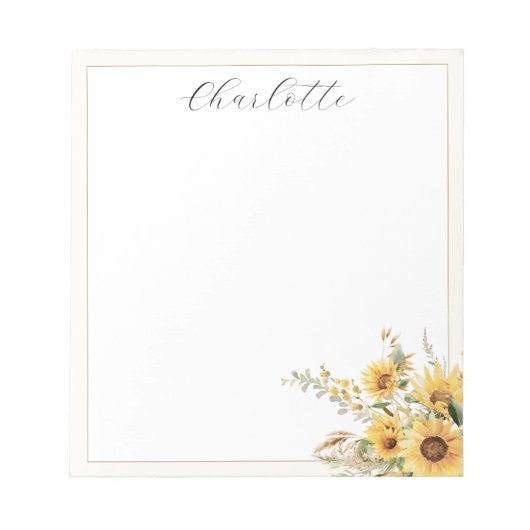 Elegante rustikale Wasserfarbe Sonnenblumen Notizblock (Vorderseite)