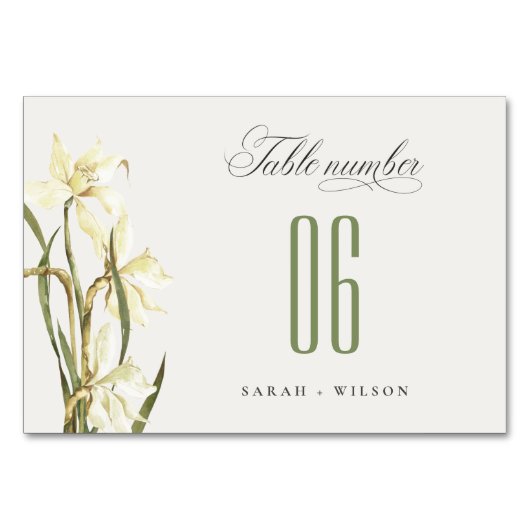 Elegante Rustikale Wasserfarbe Weißes Daffodil Hoc Tischnummer (Rückseite)