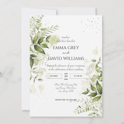 Elegante Rustikale Wasserfarben Blätter Grüne Hoch Einladung (Vorderseite)