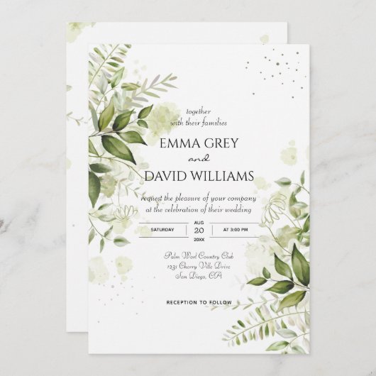 Elegante Rustikale Wasserfarben Blätter Grüne Hoch Einladung (Vorne/Hinten)