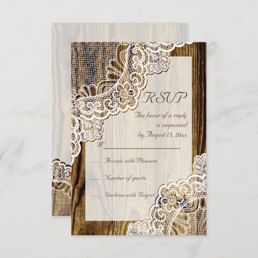 Elegante rustikale weiße Spitze auf Holzhochzeit R RSVP Karte (Vorne/Hinten)
