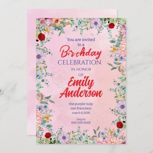Elegante rustikale Wildblume zum Geburtstag Einladung (Vorne/Hinten)