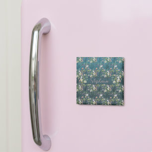 Elegante rustikale Wildblumen auf Teal Wood Monogr Magnet