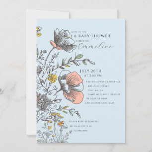 Elegante rustikale Wildblumen-Pastellblaue Babypar Einladung