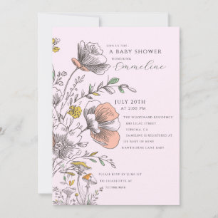 Elegante Rustikale Wildblumen-Rosa-Baby-Party Einladung