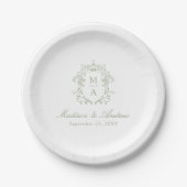 Elegante Sage Chinoiserie Monogram Wappen Wedding Pappteller (Vorderseite)