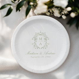 Elegante Sage Chinoiserie Monogram Wappen Wedding Pappteller