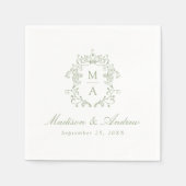 Elegante Sage Chinoiserie Monogram Wappen Wedding Serviette (Vorderseite)