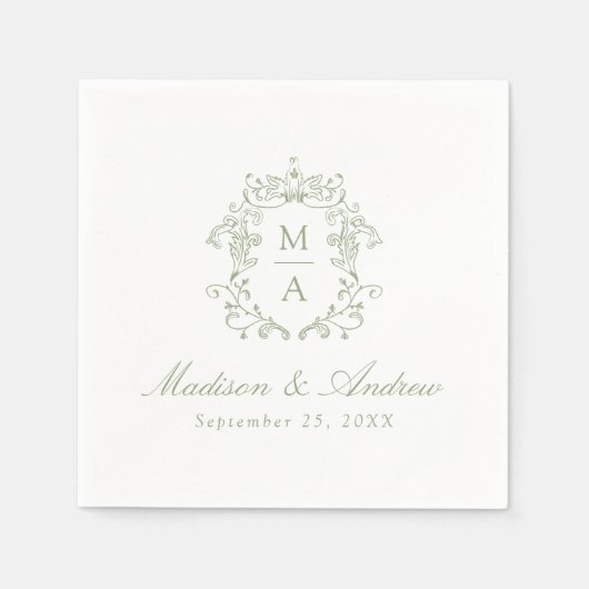 Elegante Sage Chinoiserie Monogram Wappen Wedding Serviette (Vorderseite)