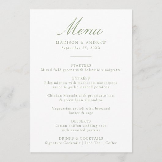 Elegante Sage Chinoiserie Viktorianische Hochzeit Menükarte (Vorderseite)