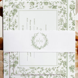 Elegante Sage Chinoiserie Wappen Hochzeit Einladungsbanderole