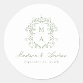 Elegante Sage Chinoiserie Wappen Monogram Wedding Runder Aufkleber (Vorderseite)