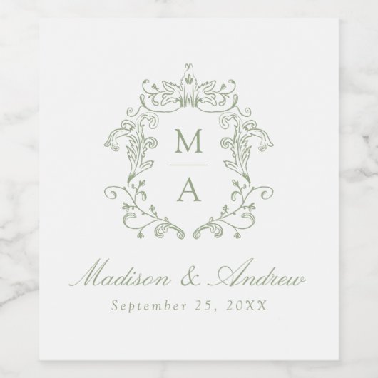 Elegante Sage Chinoiserie Wappen Monogram Wedding Weinetikett (Einzelnes Label)