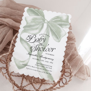 Elegante Sage Coquette-Schleife neutrale Babyparty Einladung